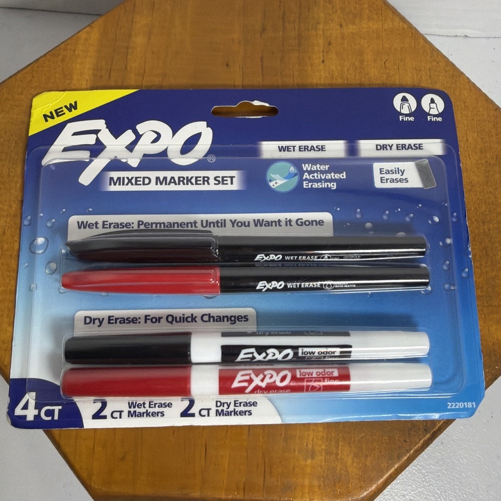 Expo 4ct‎ Fine Mixed 2 Dry / 2 Wet Erase Marker Black/Red, NEW